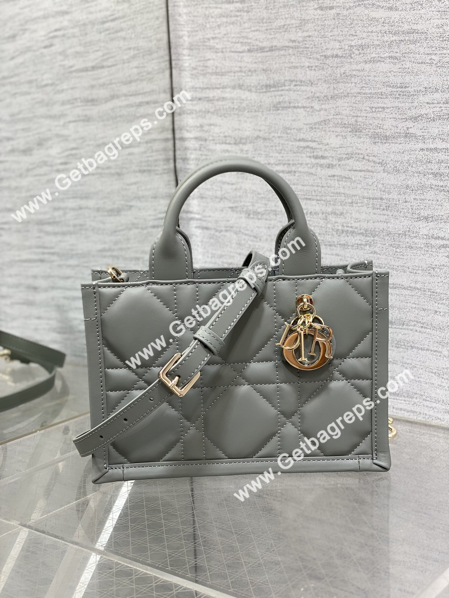 Mini Dior Book Tote Macrocannage Calfskin Rock Gray