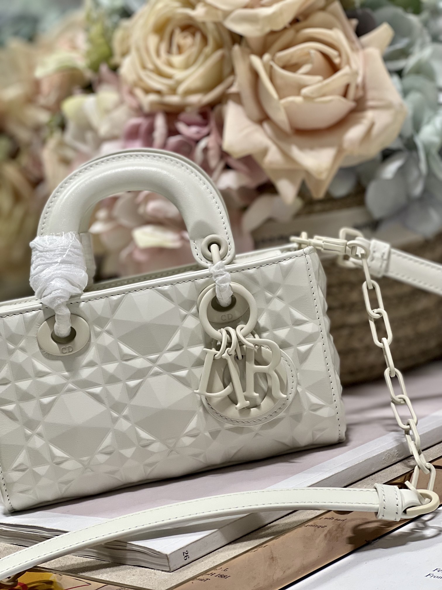 Mini Lady D-Joy Bag Calfskin with Diamond Motif White