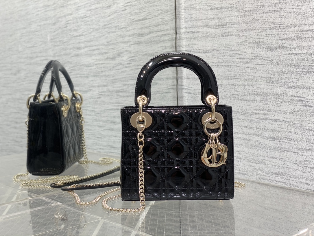 Mini Lady Dior 17cm Powder Black Patent Cannage Calfskin