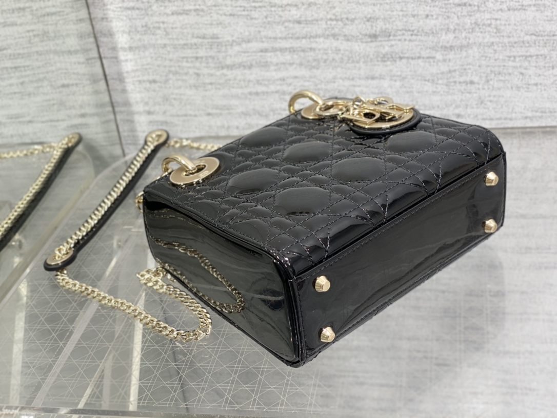 Mini Lady Dior 17cm Powder Black Patent Cannage Calfskin