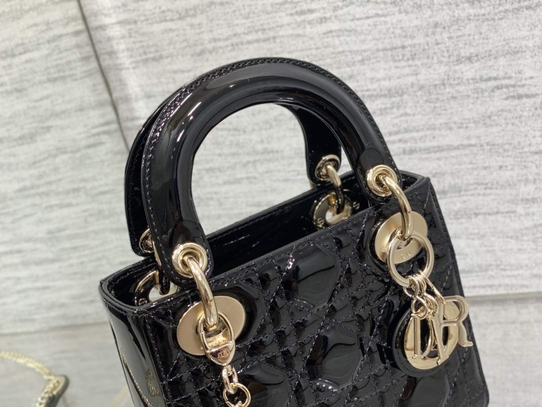 Mini Lady Dior 17cm Powder Black Patent Cannage Calfskin