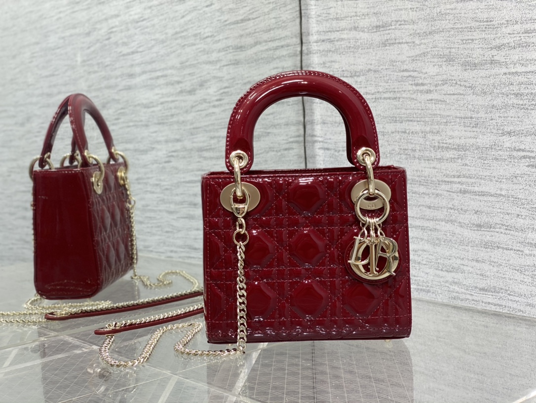 Mini Lady Dior 17cm Powder Red Patent Cannage Calfskin