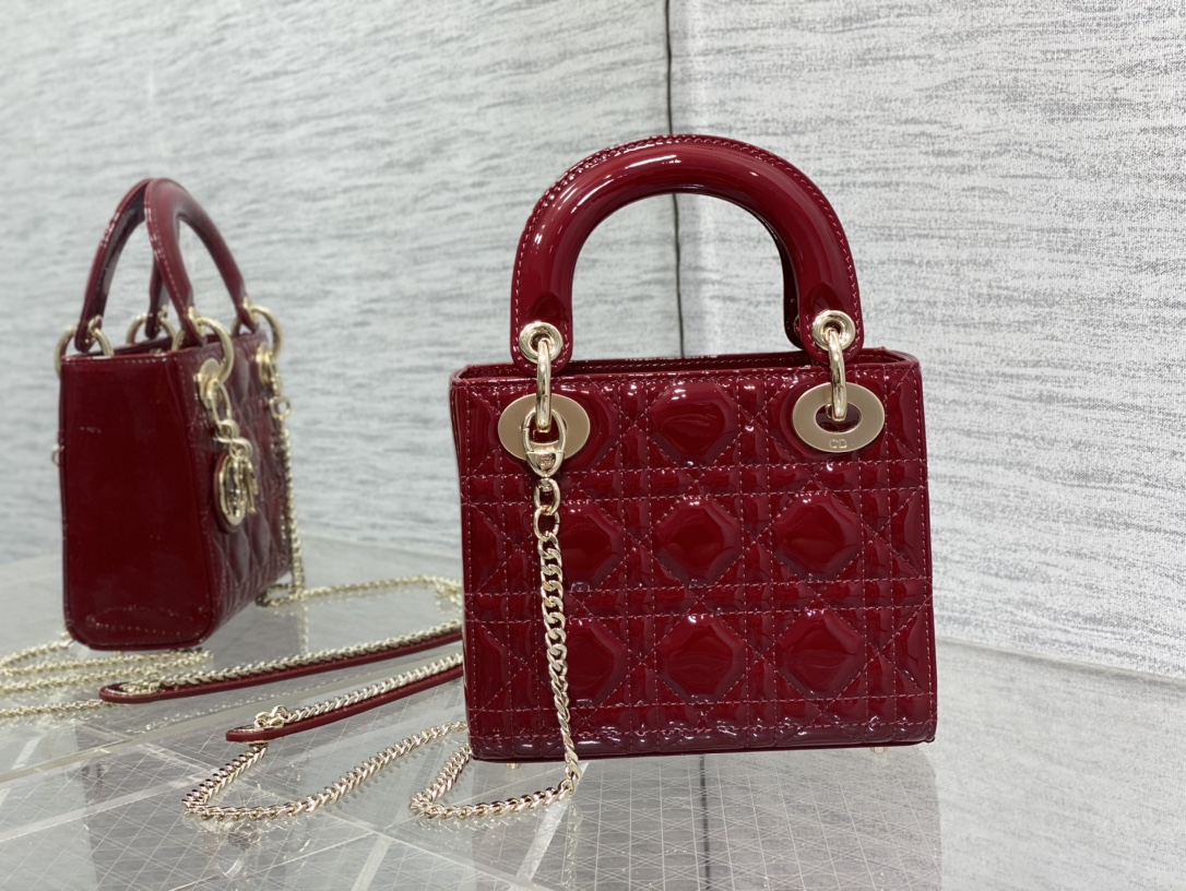 Mini Lady Dior 17cm Powder Red Patent Cannage Calfskin