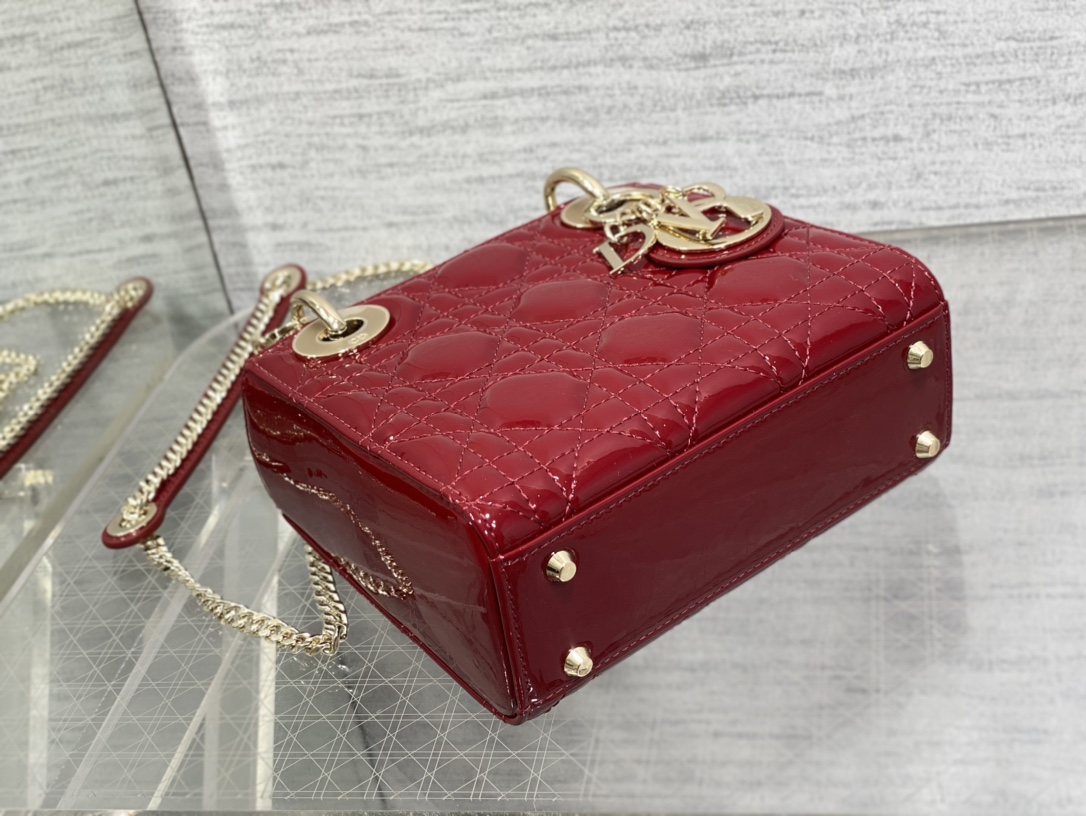 Mini Lady Dior 17cm Powder Red Patent Cannage Calfskin