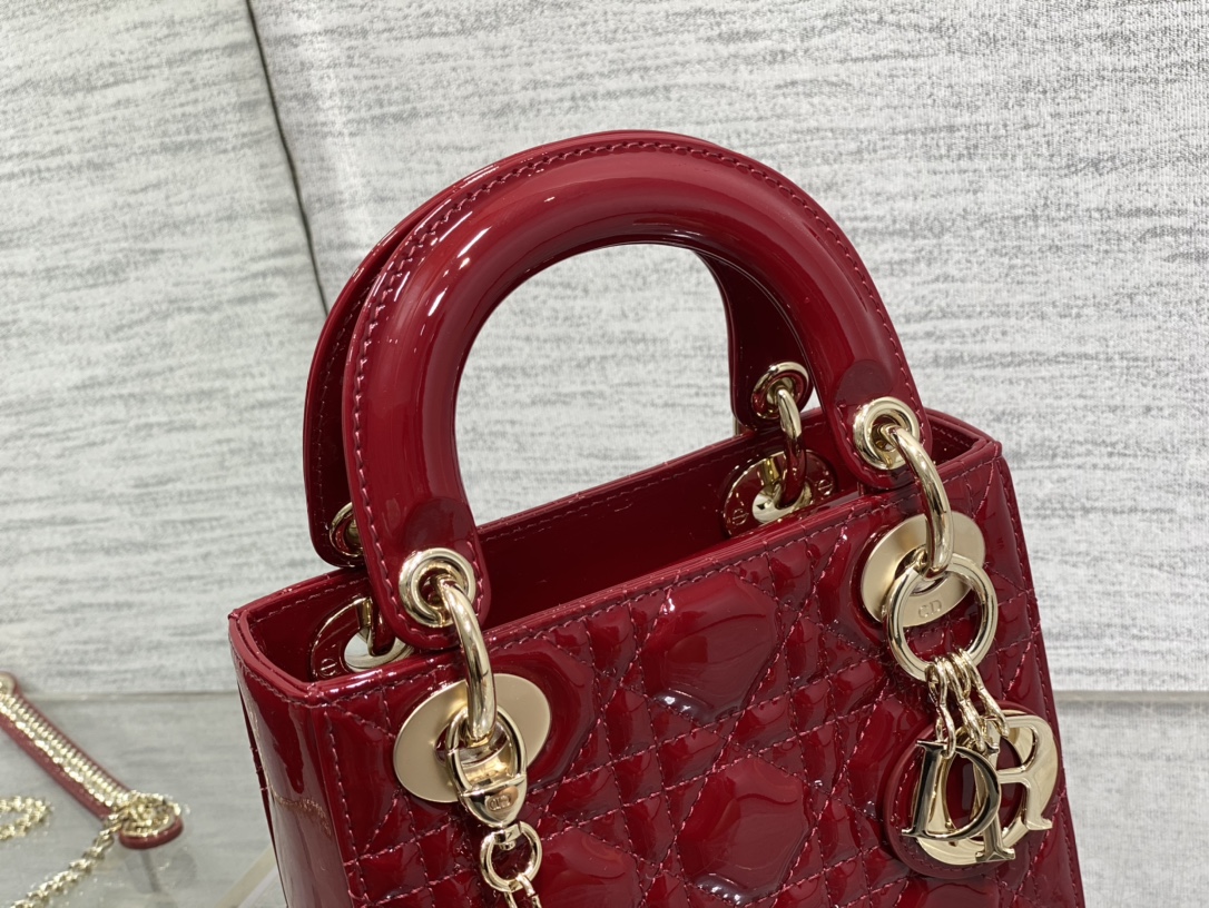 Mini Lady Dior 17cm Powder Red Patent Cannage Calfskin