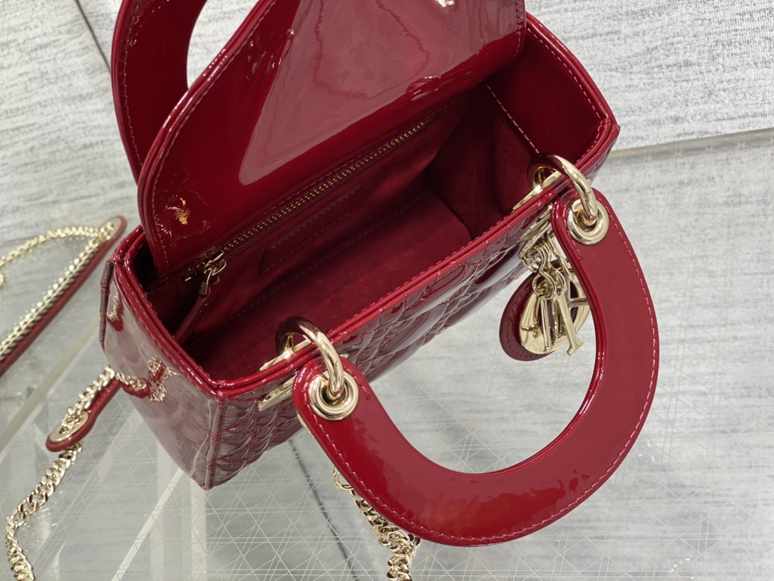 Mini Lady Dior 17cm Powder Red Patent Cannage Calfskin