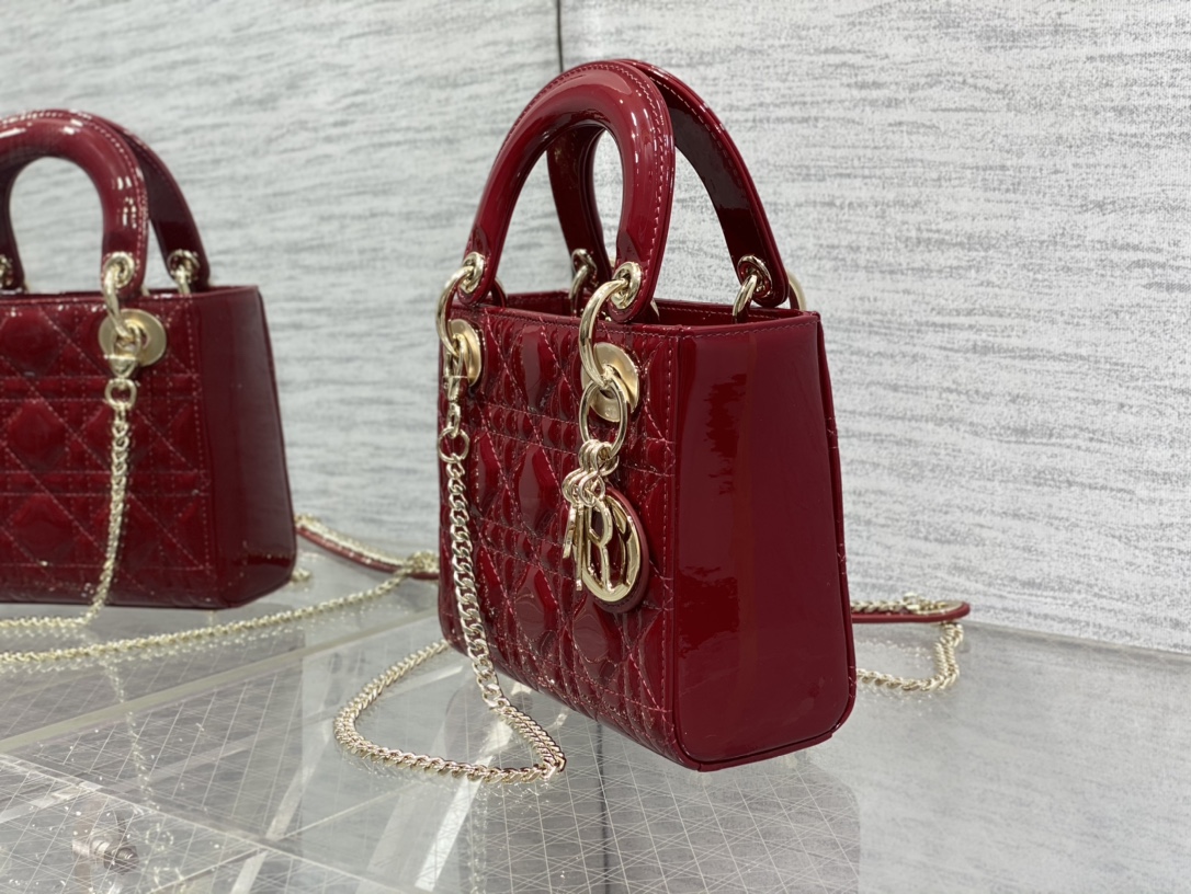 Mini Lady Dior 17cm Powder Red Patent Cannage Calfskin