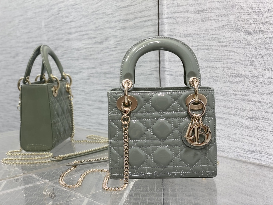 Mini Lady Dior 17cm Powder Rock Gray Patent Cannage Calfskin