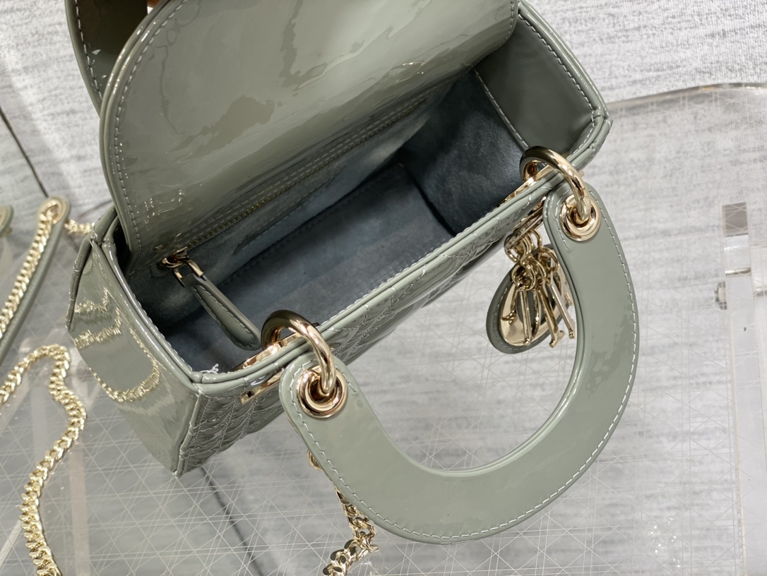 Mini Lady Dior 17cm Powder Rock Gray Patent Cannage Calfskin