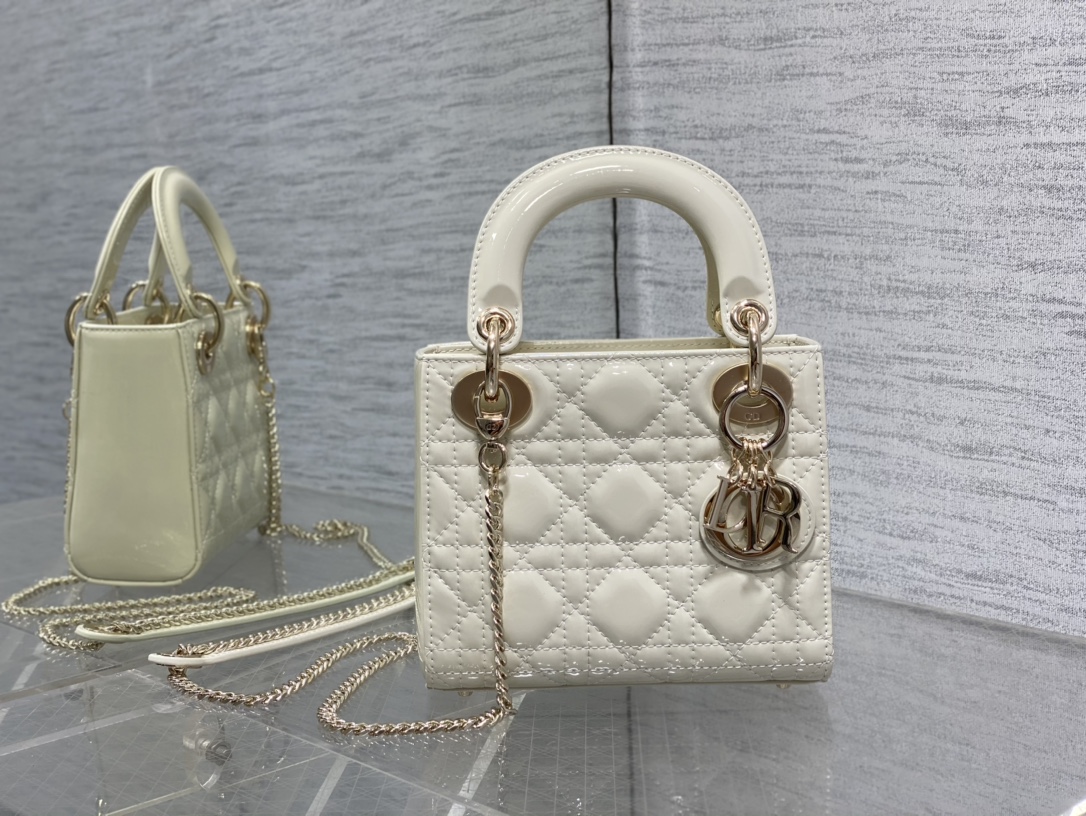 Mini Lady Dior 17cm Powder White Patent Cannage Calfskin