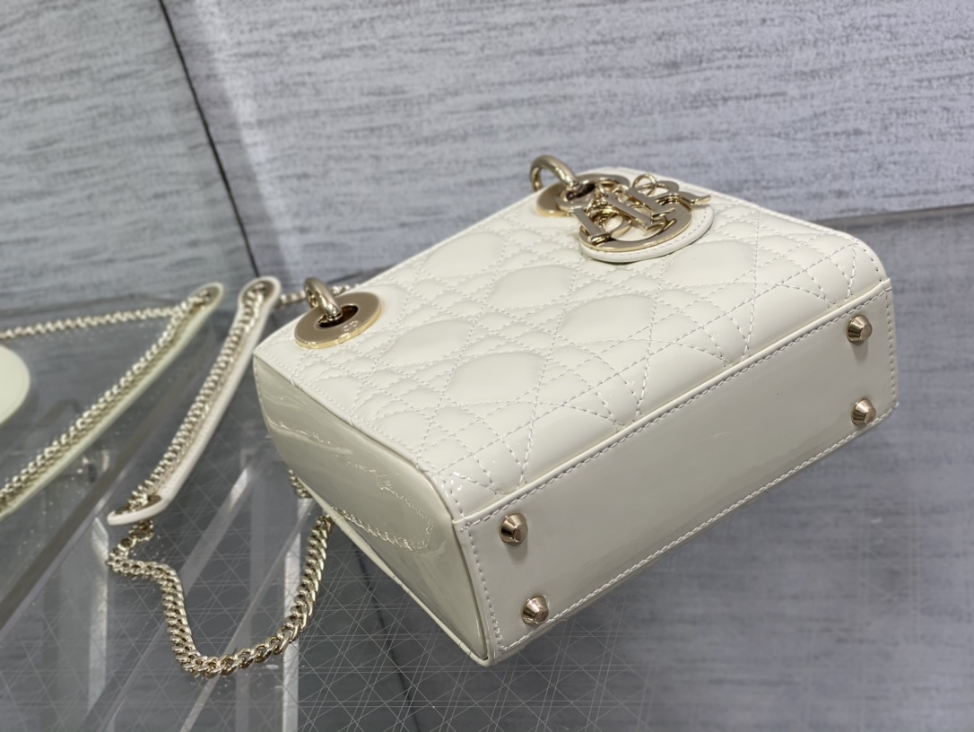 Mini Lady Dior 17cm Powder White Patent Cannage Calfskin