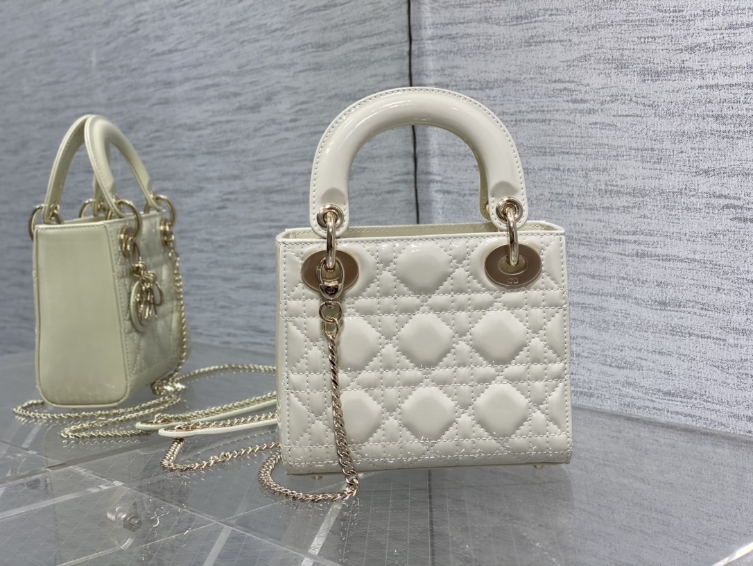 Mini Lady Dior 17cm Powder White Patent Cannage Calfskin