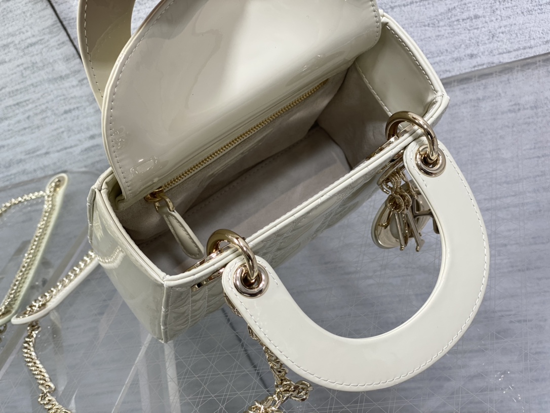 Mini Lady Dior 17cm Powder White Patent Cannage Calfskin