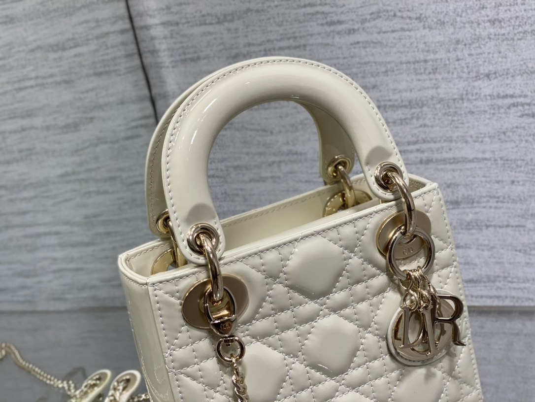 Mini Lady Dior 17cm Powder White Patent Cannage Calfskin