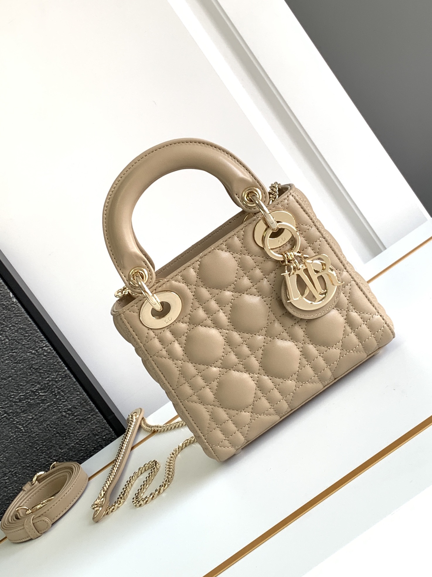 Mini Lady Dior Bag Lambskin Biscuit Color With Gold Hardware 17cm