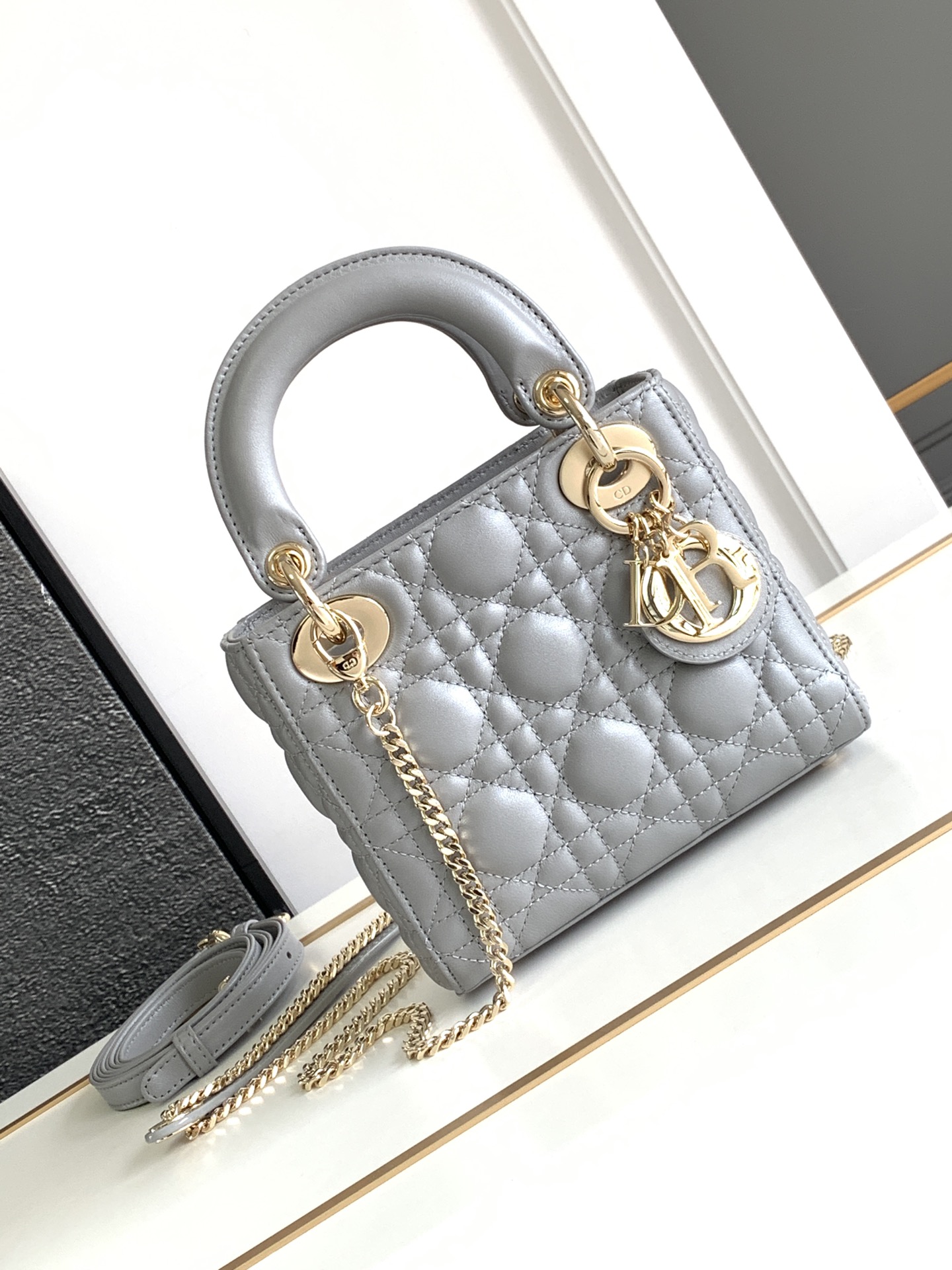 Mini Lady Dior Bag Lambskin Pearlescent Gray With Gold Hardware 17cm