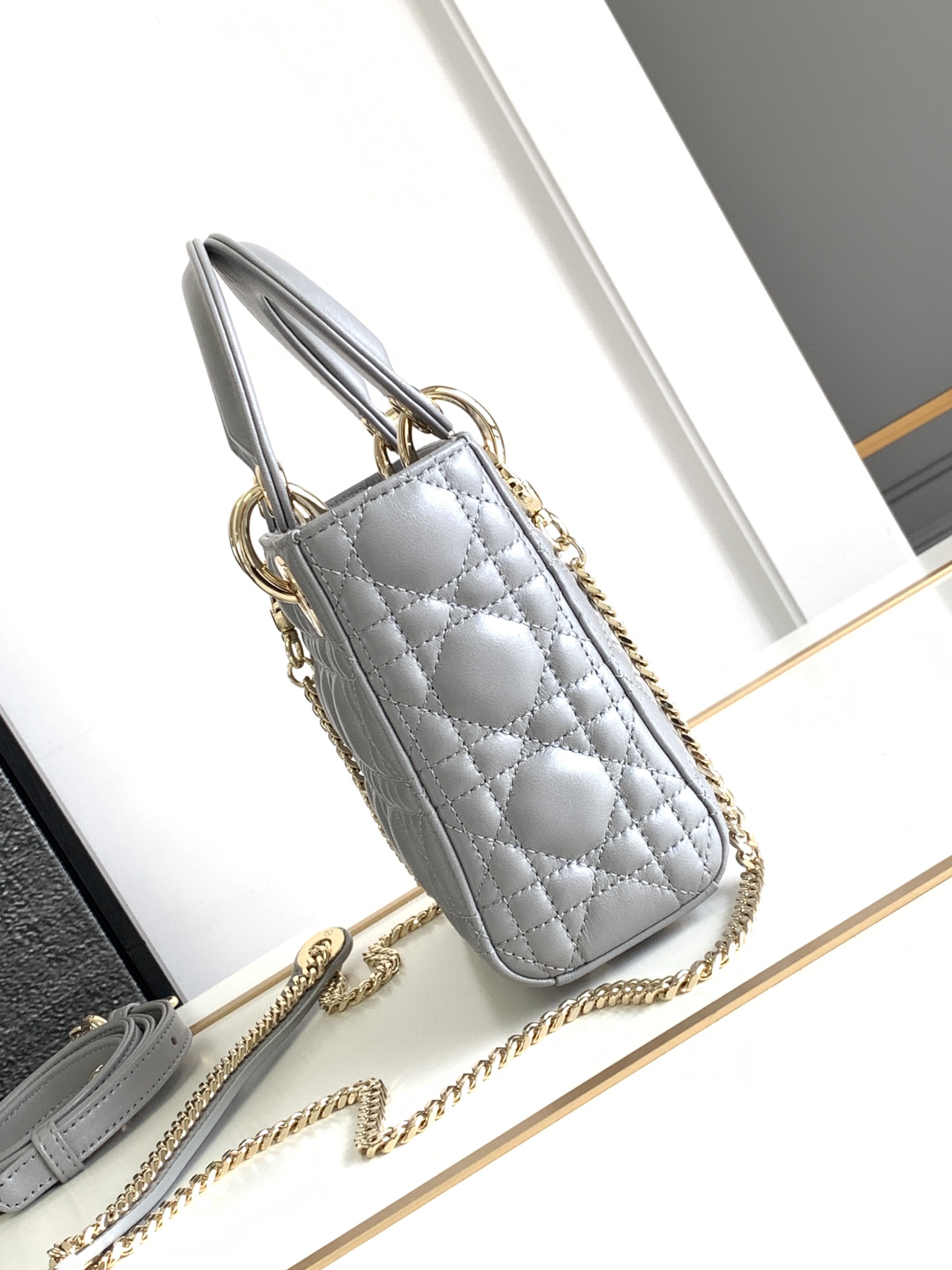 Mini Lady Dior Bag Lambskin Pearlescent Gray With Gold Hardware 17cm