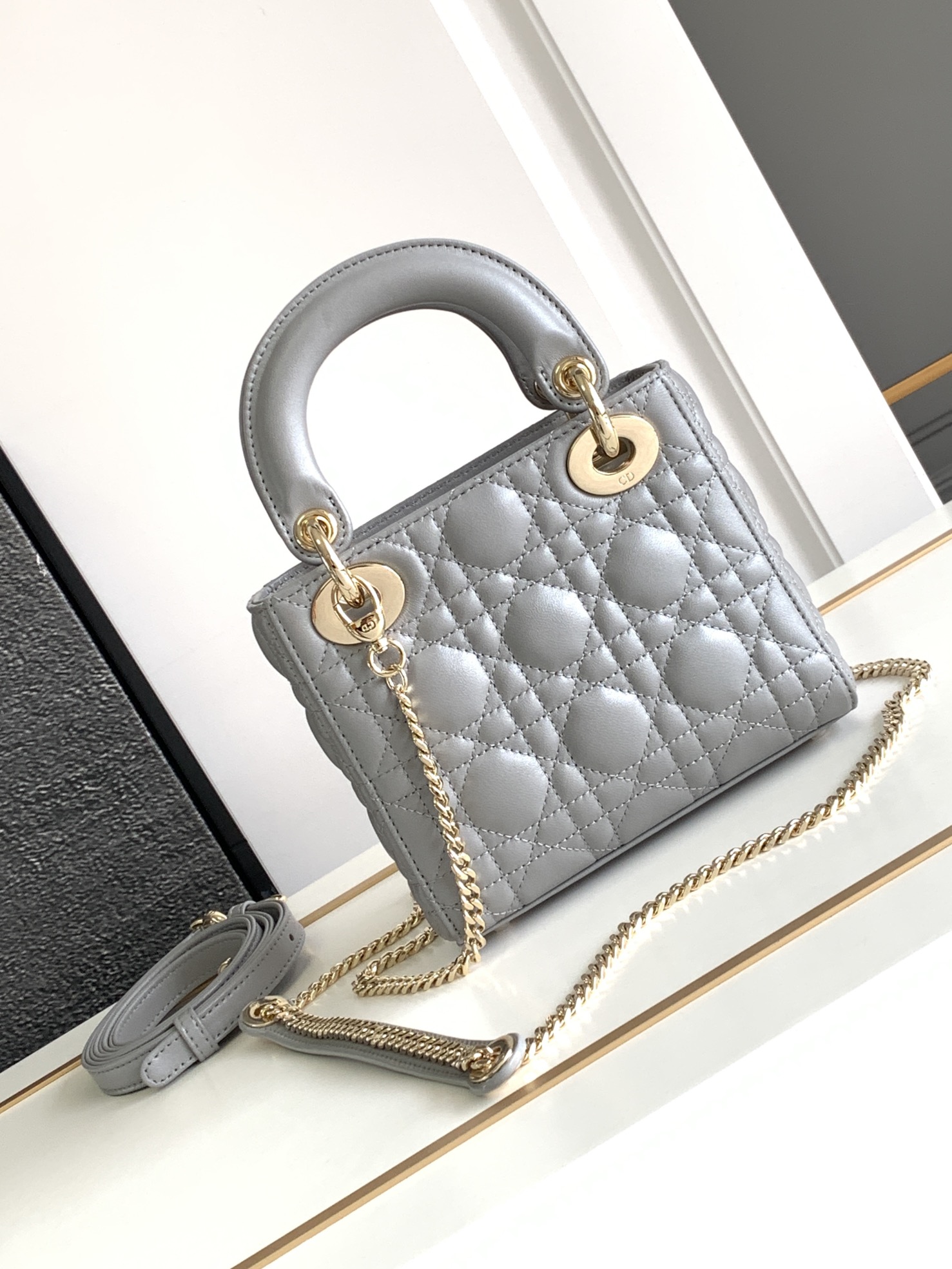 Mini Lady Dior Bag Lambskin Pearlescent Gray With Gold Hardware 17cm