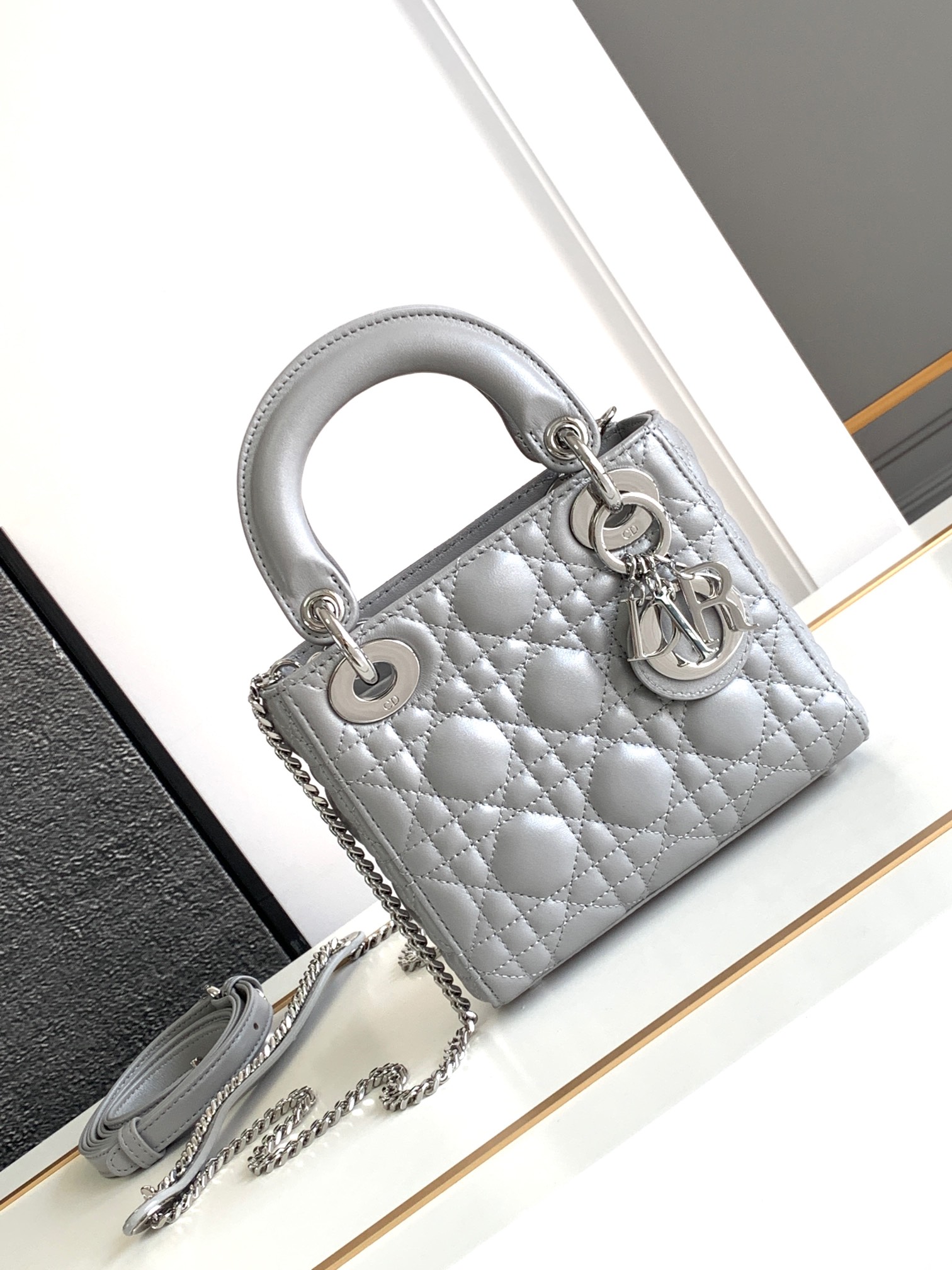 Mini Lady Dior Bag Lambskin Pearlescent Gray With Silver Hardware 17cm