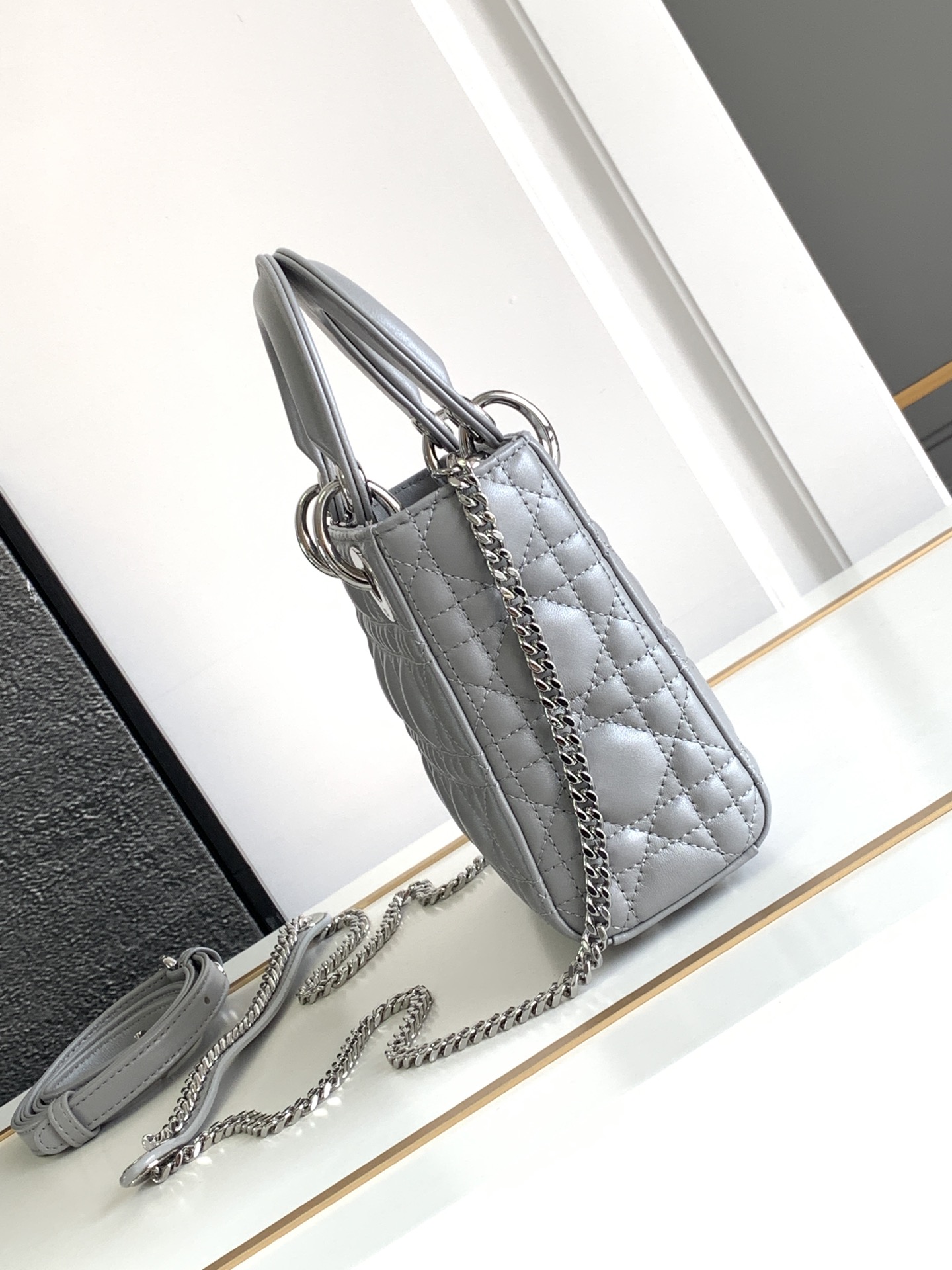 Mini Lady Dior Bag Lambskin Pearlescent Gray With Silver Hardware 17cm