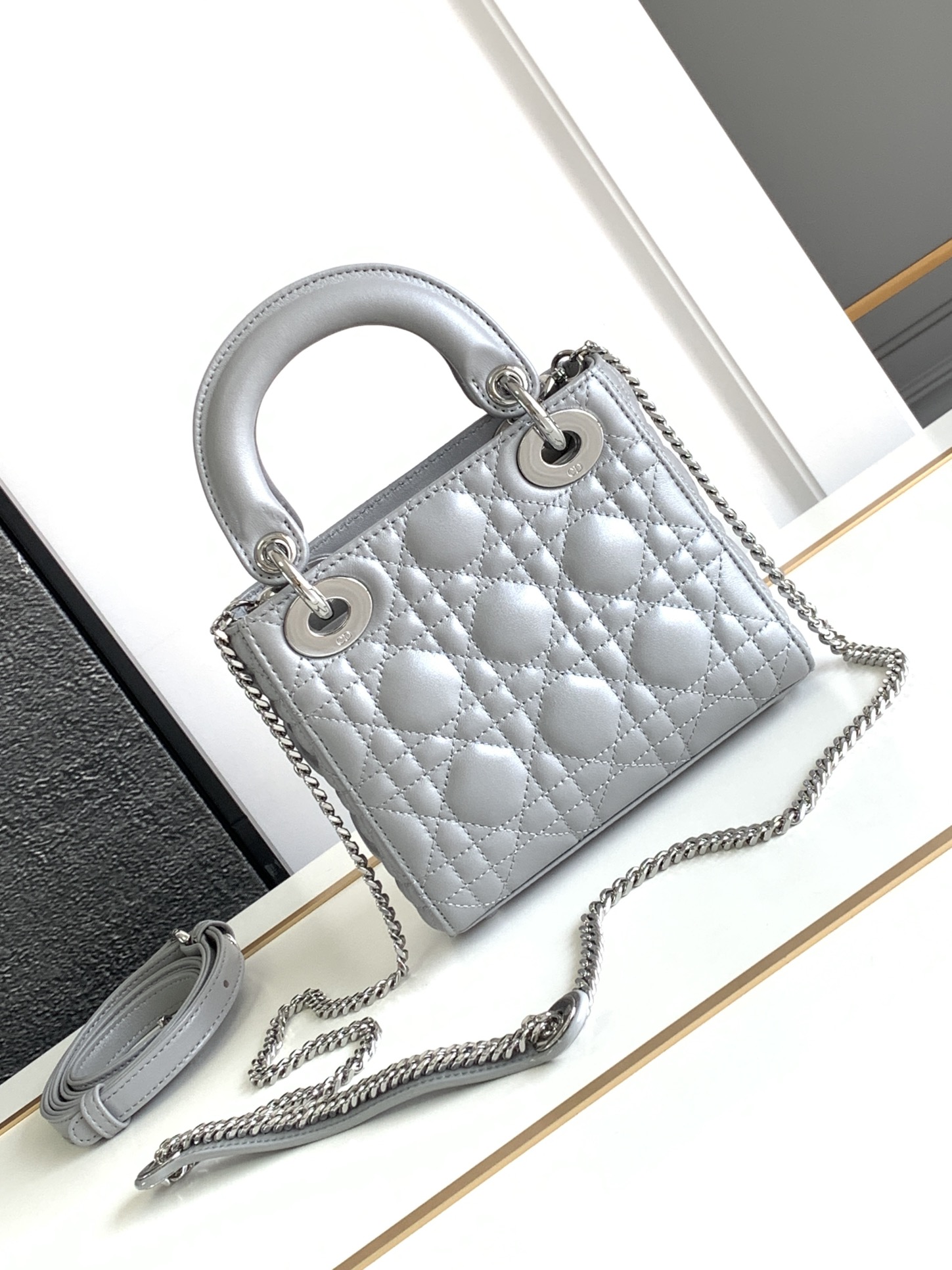 Mini Lady Dior Bag Lambskin Pearlescent Gray With Silver Hardware 17cm