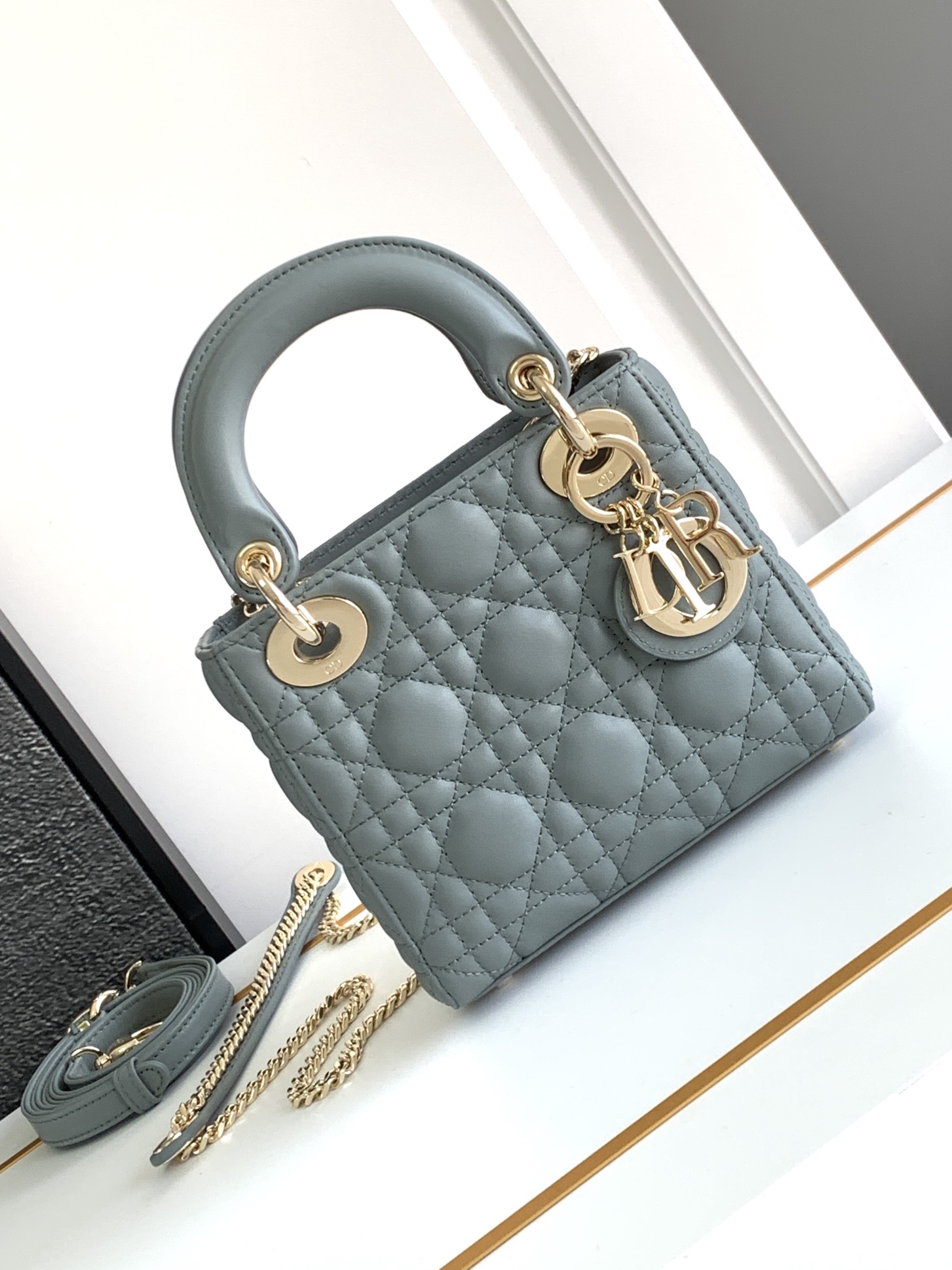 Mini Lady Dior Bag Lambskin Rock Gray With Gold Hardware 17cm