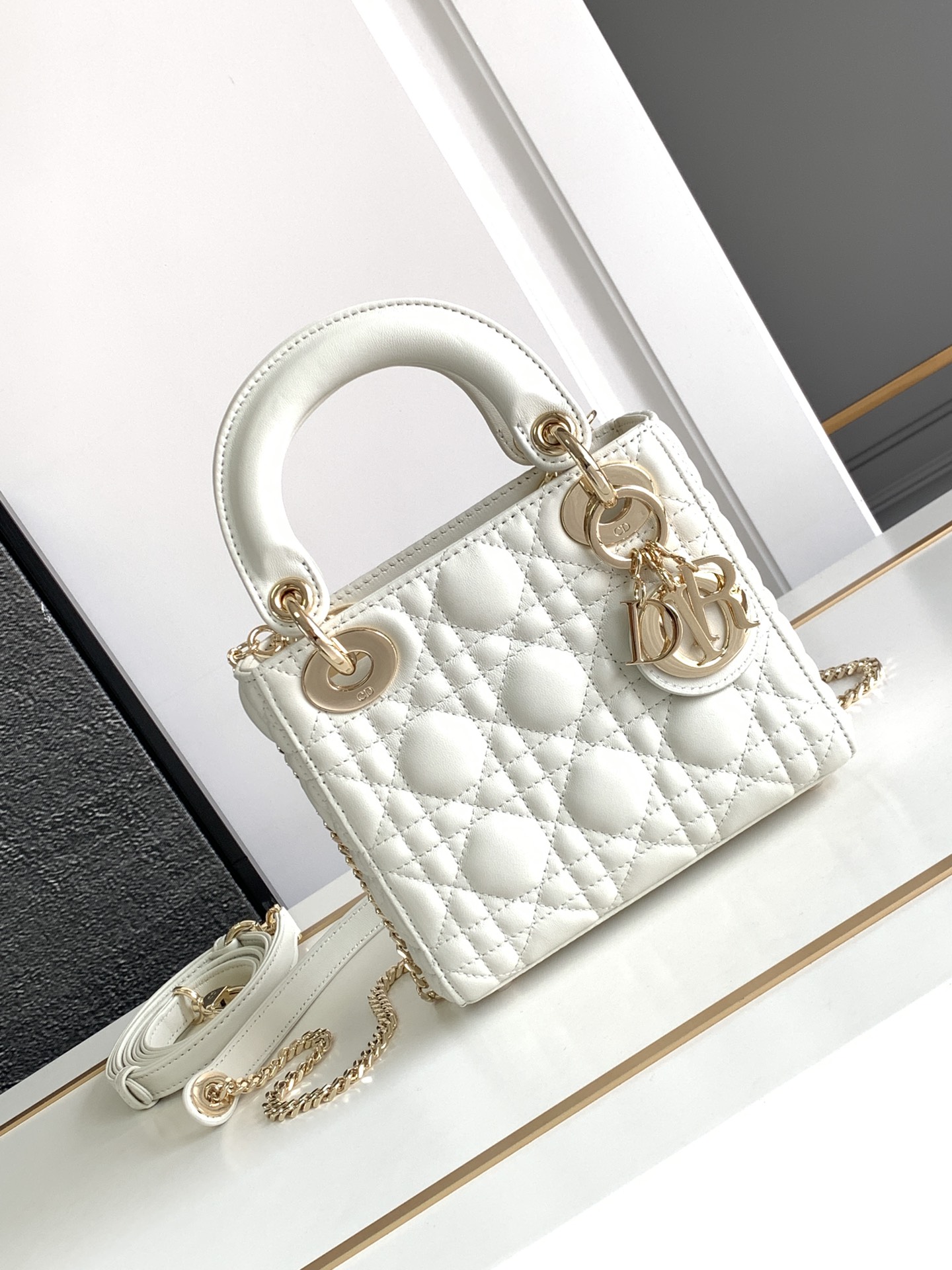 Mini Lady Dior Bag Lambskin White With Gold Hardware 17cm