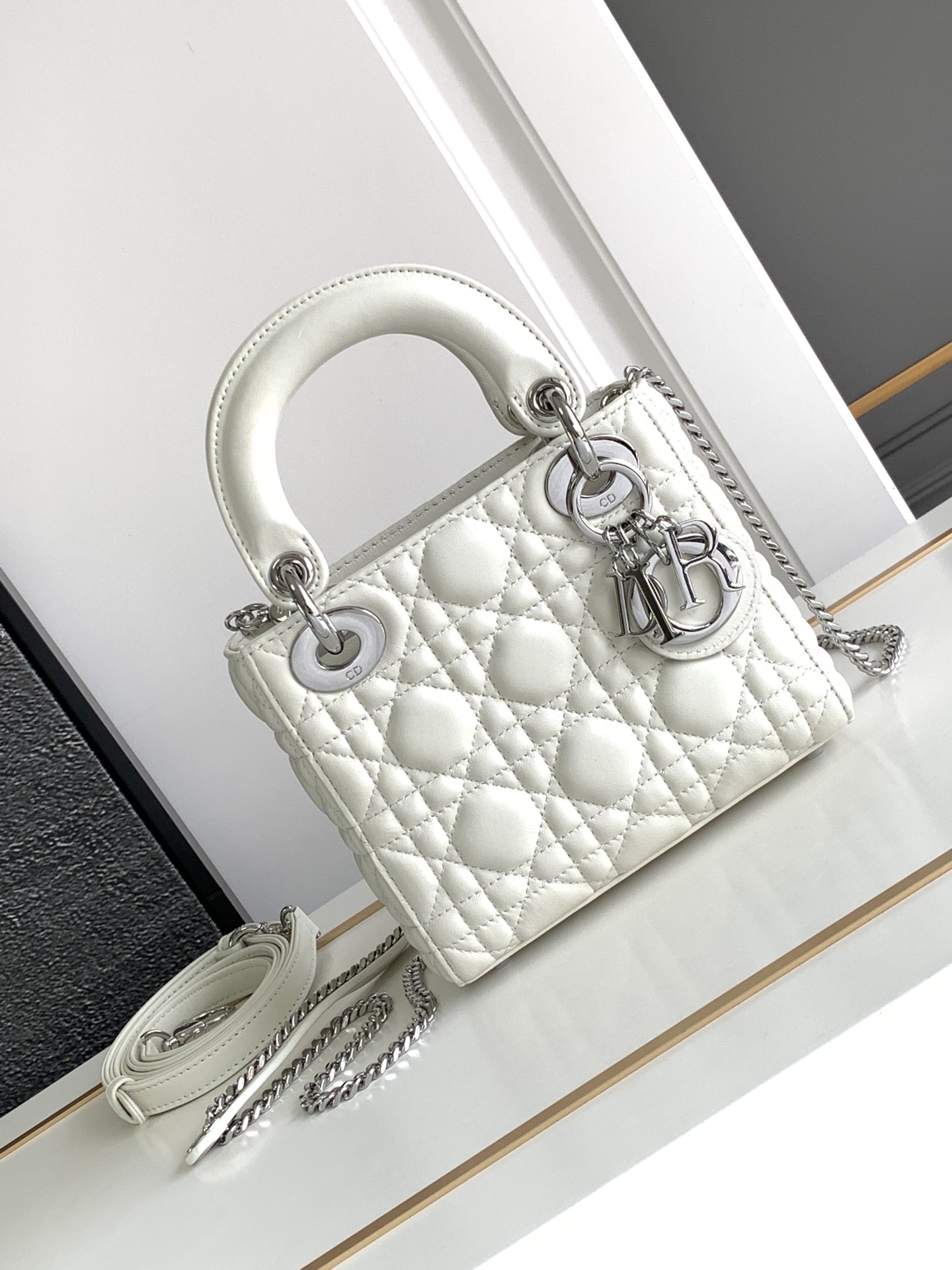 Mini Lady Dior Bag Lambskin White With Silver Hardware 17cm