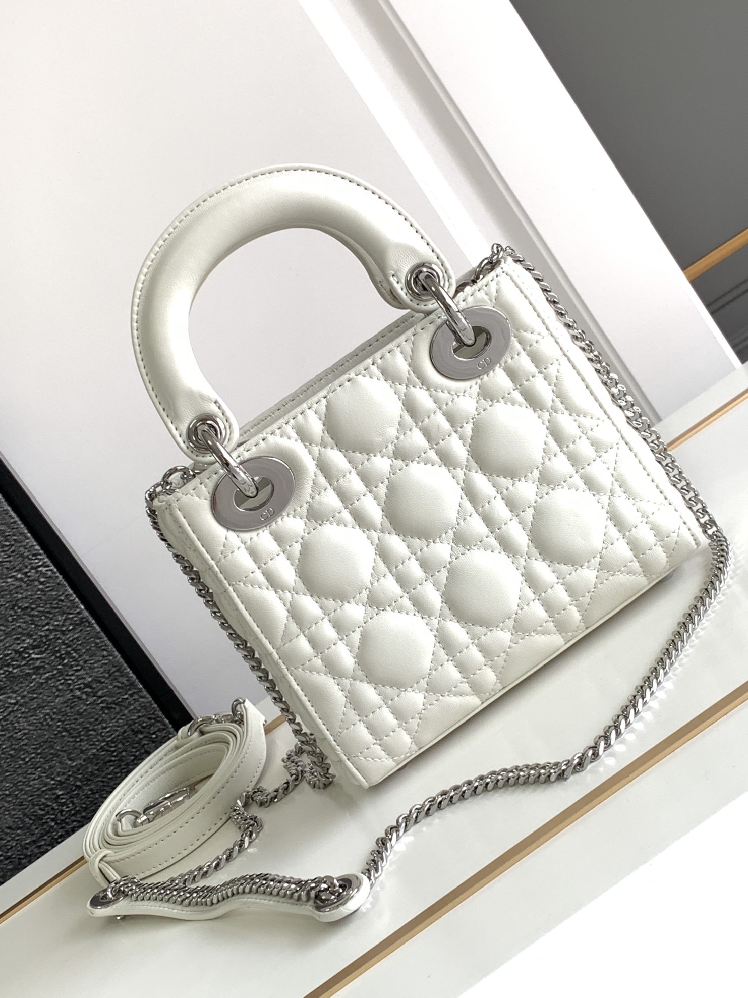 Mini Lady Dior Bag Lambskin White With Silver Hardware 17cm