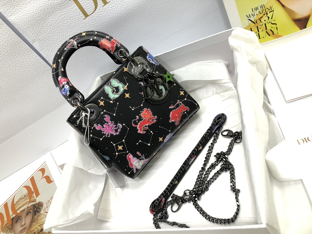 Mini Lady Dior Bag Latte Multicolor Dior Pixel Zodiac Printed Calfskin Black