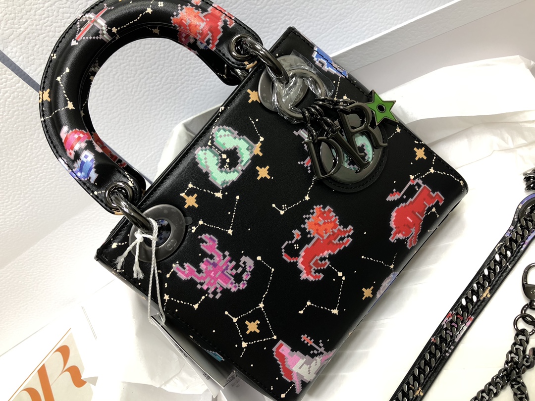 Mini Lady Dior Bag Latte Multicolor Dior Pixel Zodiac Printed Calfskin Black