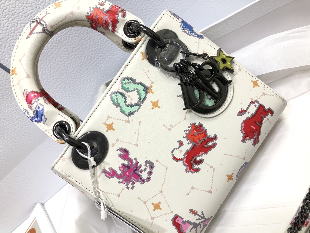 Mini Lady Dior Bag Latte Multicolor Dior Pixel Zodiac Printed Calfskin White