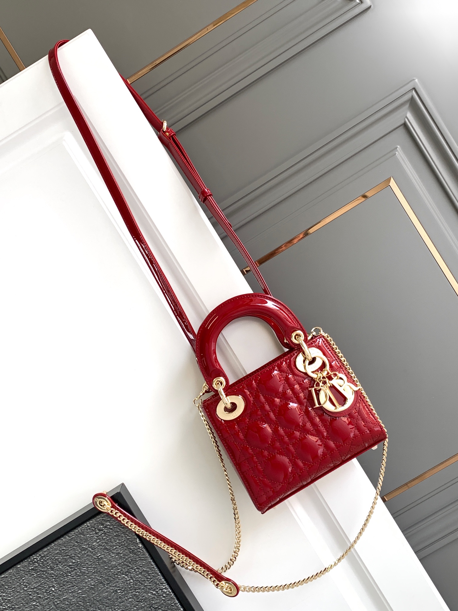 Mini Lady Dior Bag Red Patent Cannage Calfskin With Gold Hardware 17cm