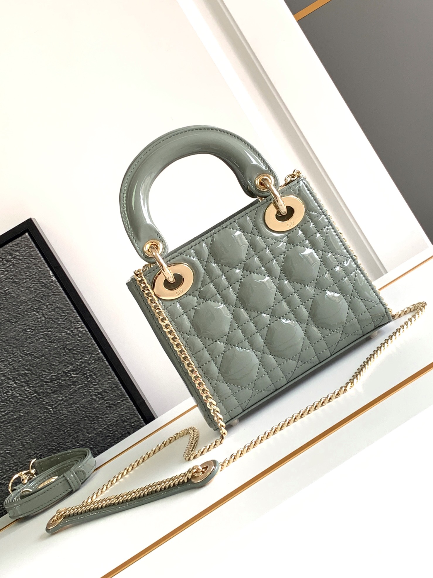 Mini Lady Dior Bag Rock Gray Patent Cannage Calfskin With Gold Hardware 17cm