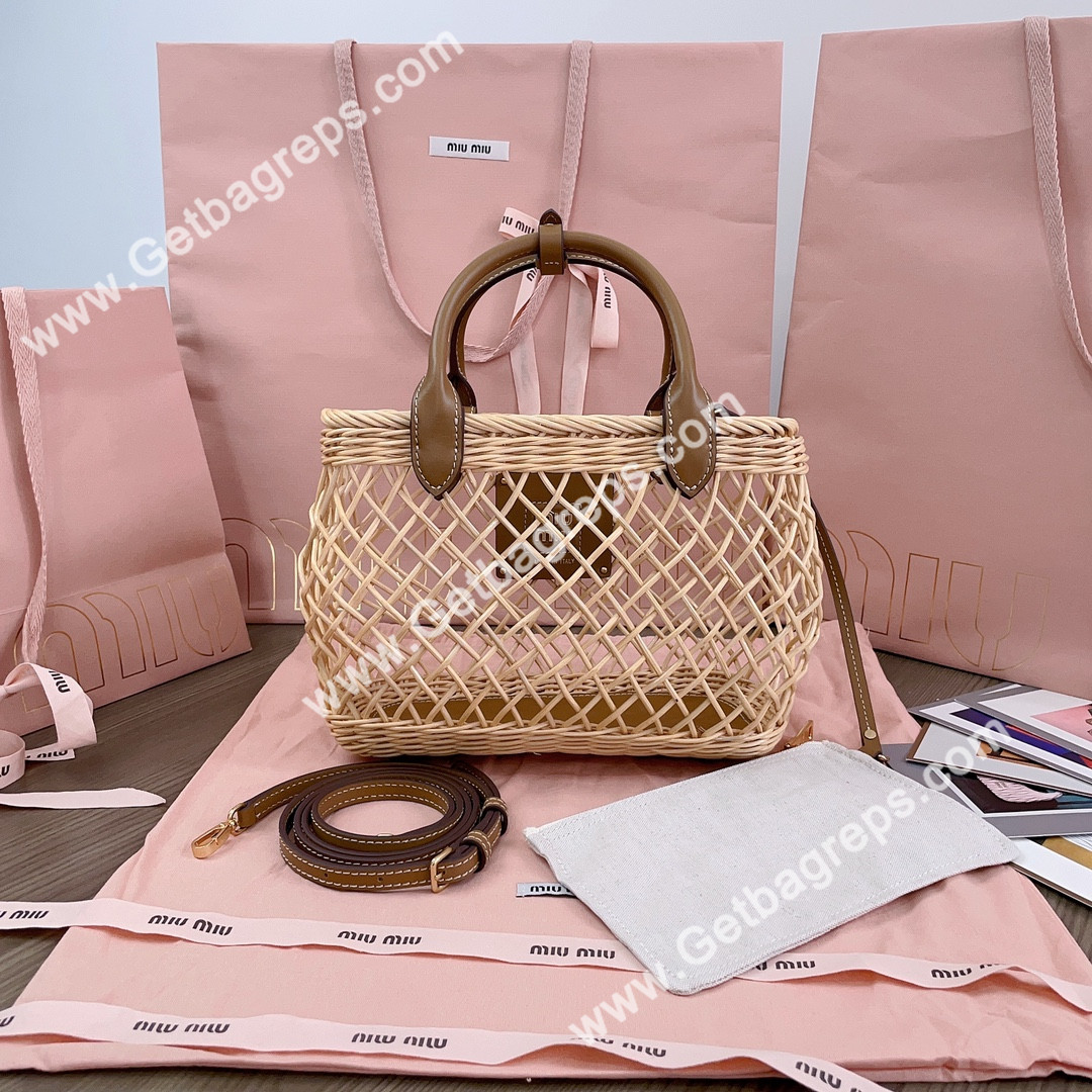MiuMiu 5BA286 Woven Fabric Handbag with Leather Trim