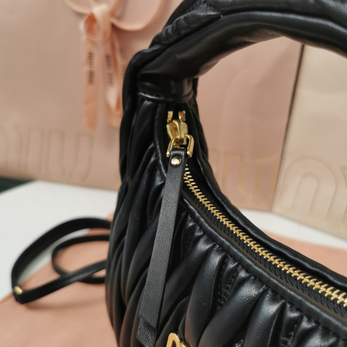 MiuMiu 5BC125 Miu Wander Matelasse Satin Mini Hobo Bag Black