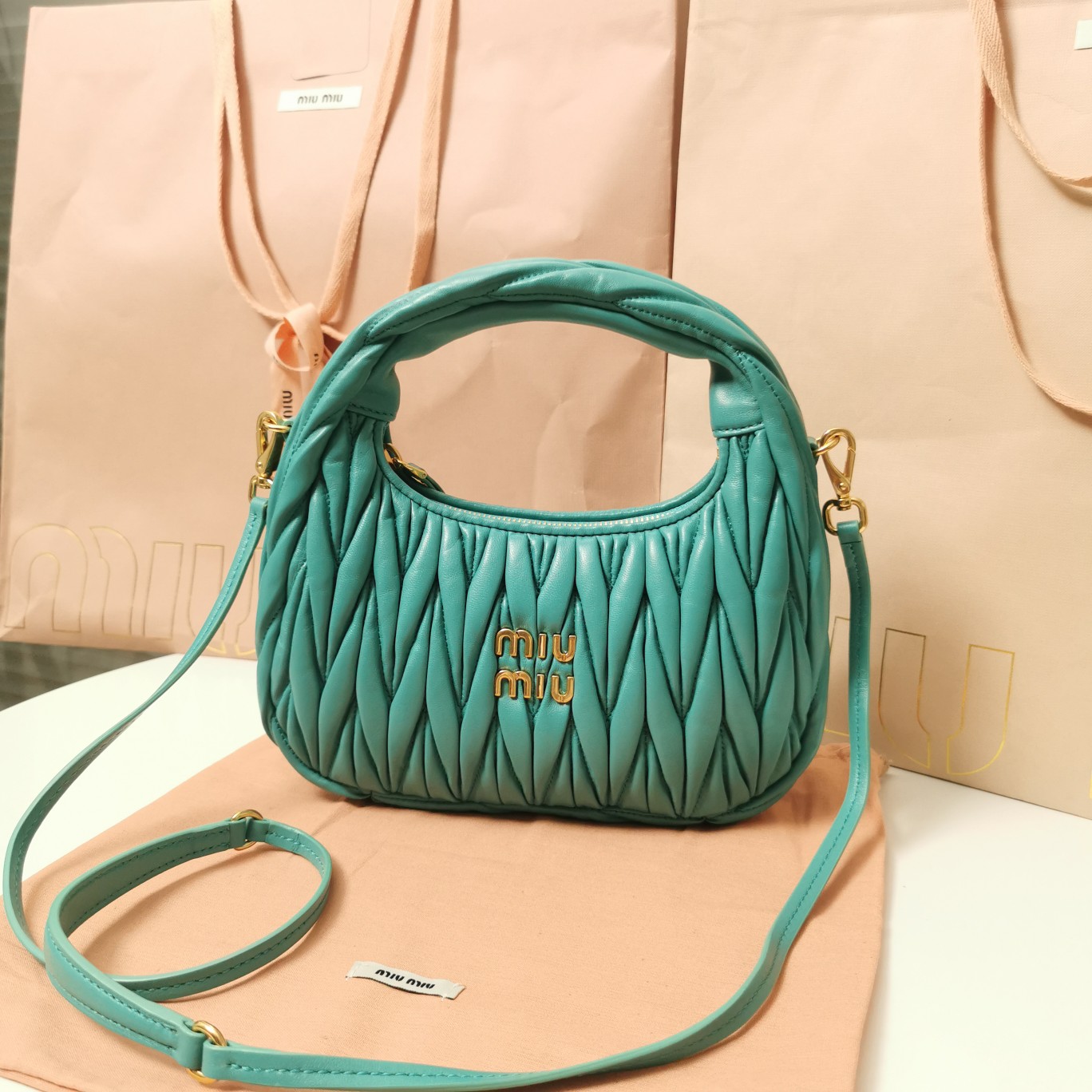 MiuMiu 5BC125 Miu Wander Matelasse Satin Mini Hobo Bag Green