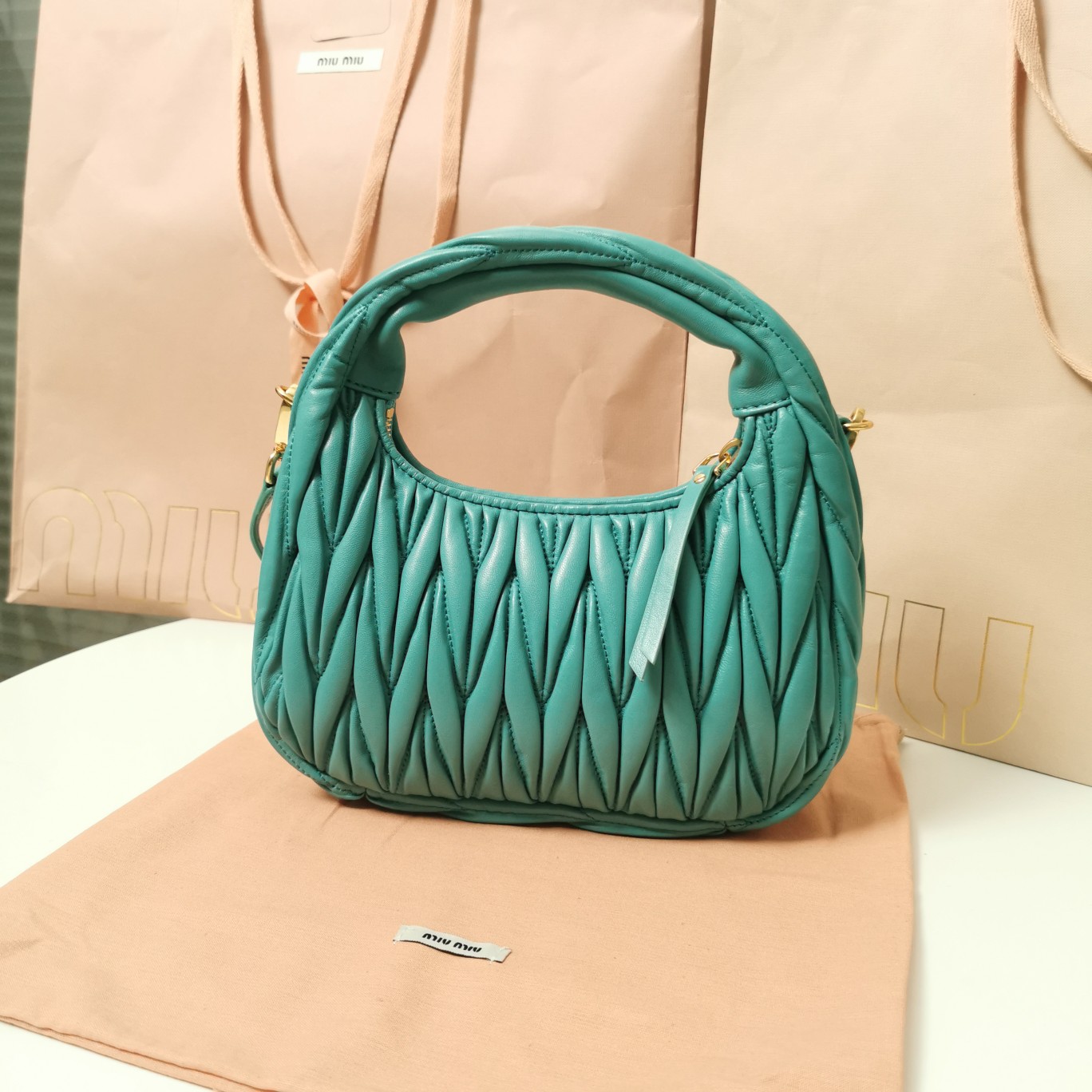 MiuMiu 5BC125 Miu Wander Matelasse Satin Mini Hobo Bag Green