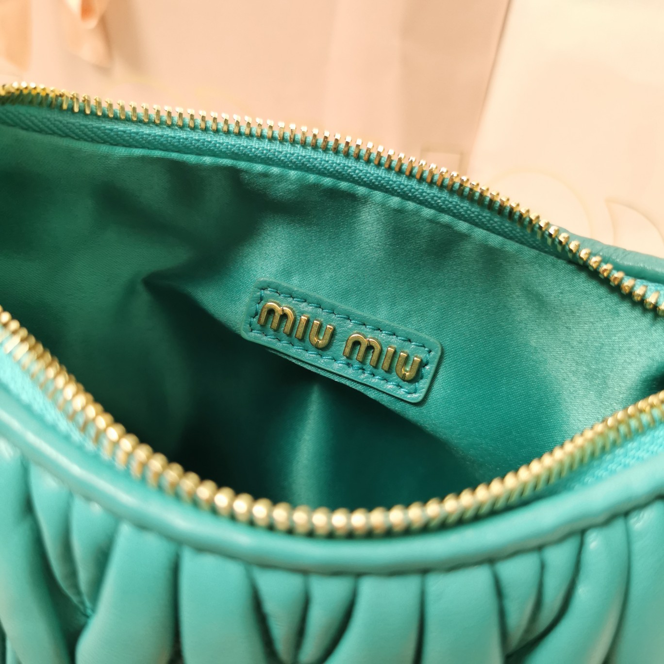 MiuMiu 5BC125 Miu Wander Matelasse Satin Mini Hobo Bag Green