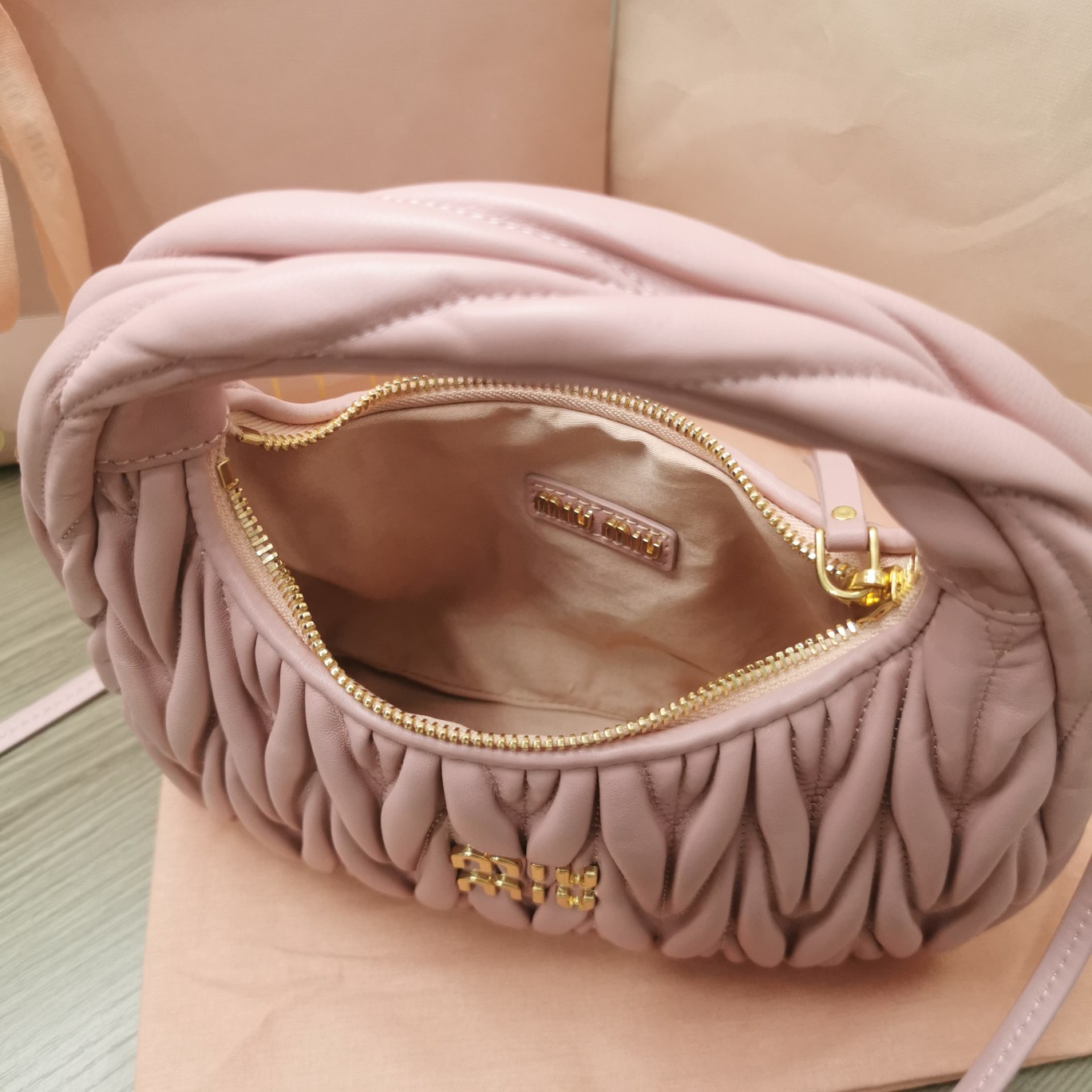 MiuMiu 5BC125 Miu Wander Matelasse Satin Mini Hobo Bag Light Pink