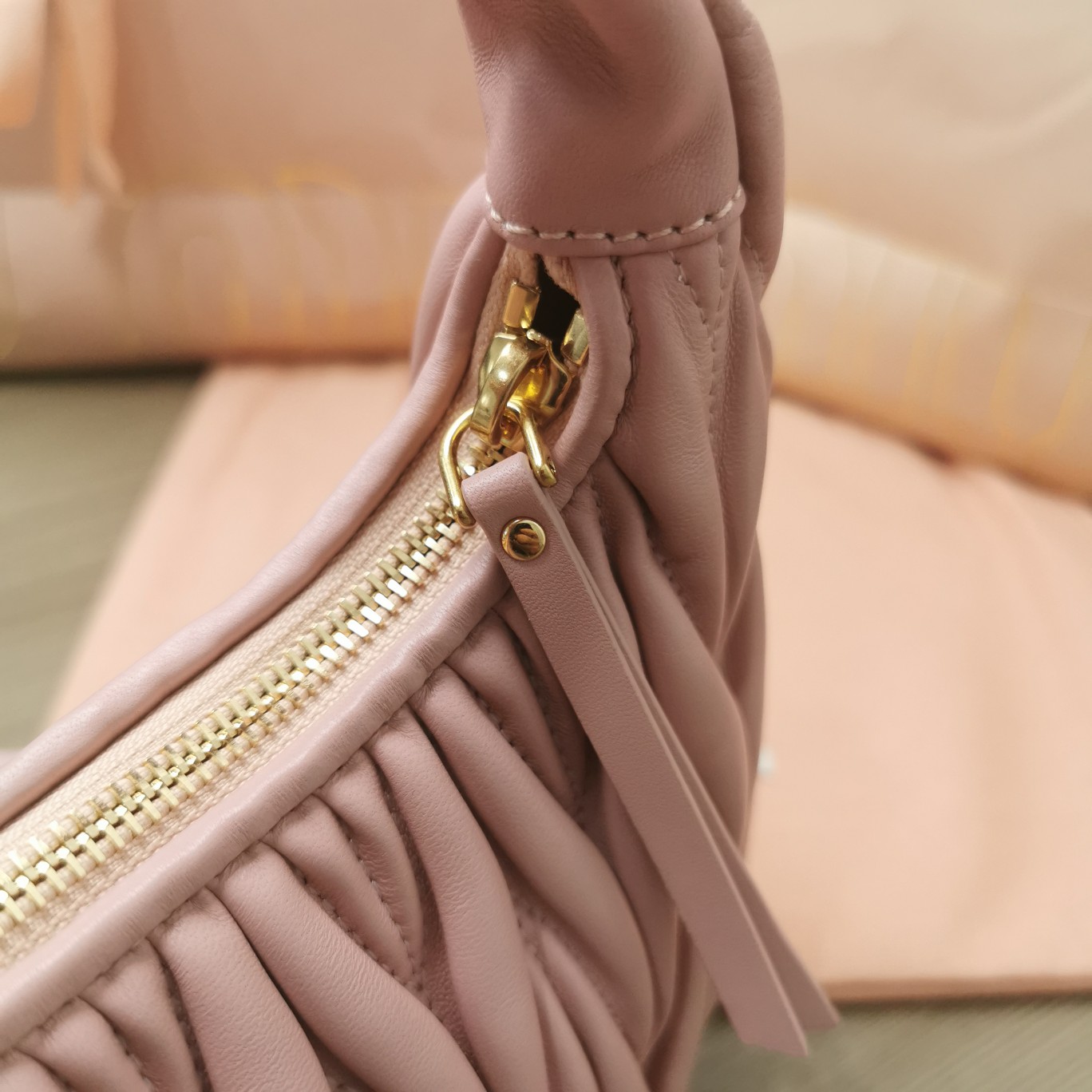 MiuMiu 5BC125 Miu Wander Matelasse Satin Mini Hobo Bag Light Pink