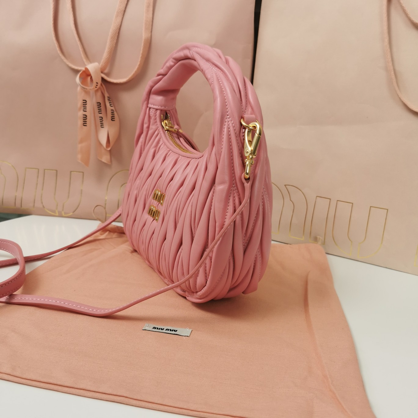 MiuMiu 5BC125 Miu Wander Matelasse Satin Mini Hobo Bag Pink