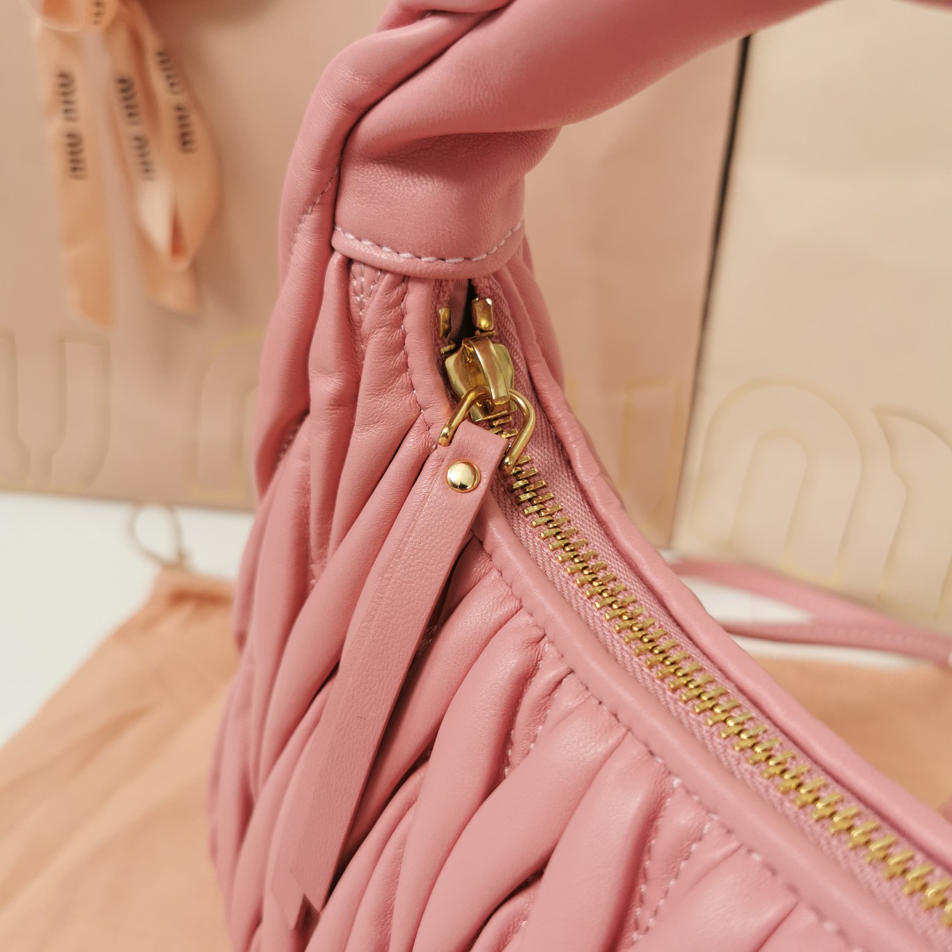 MiuMiu 5BC125 Miu Wander Matelasse Satin Mini Hobo Bag Pink