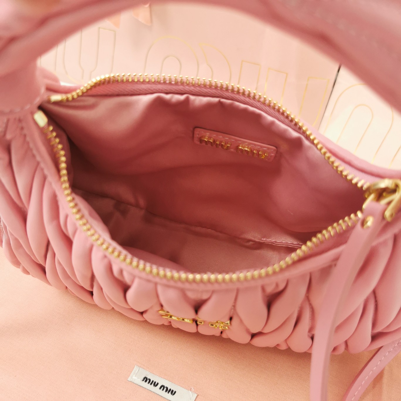 MiuMiu 5BC125 Miu Wander Matelasse Satin Mini Hobo Bag Pink