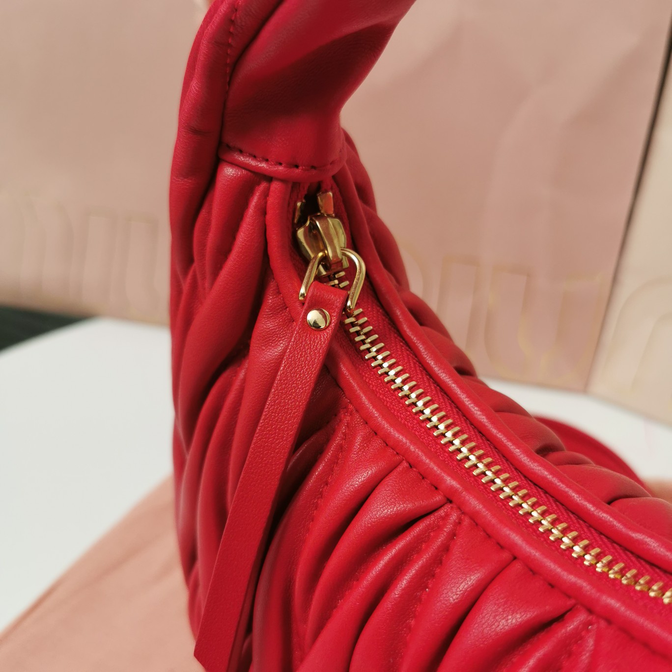 MiuMiu 5BC125 Miu Wander Matelasse Satin Mini Hobo Bag Red