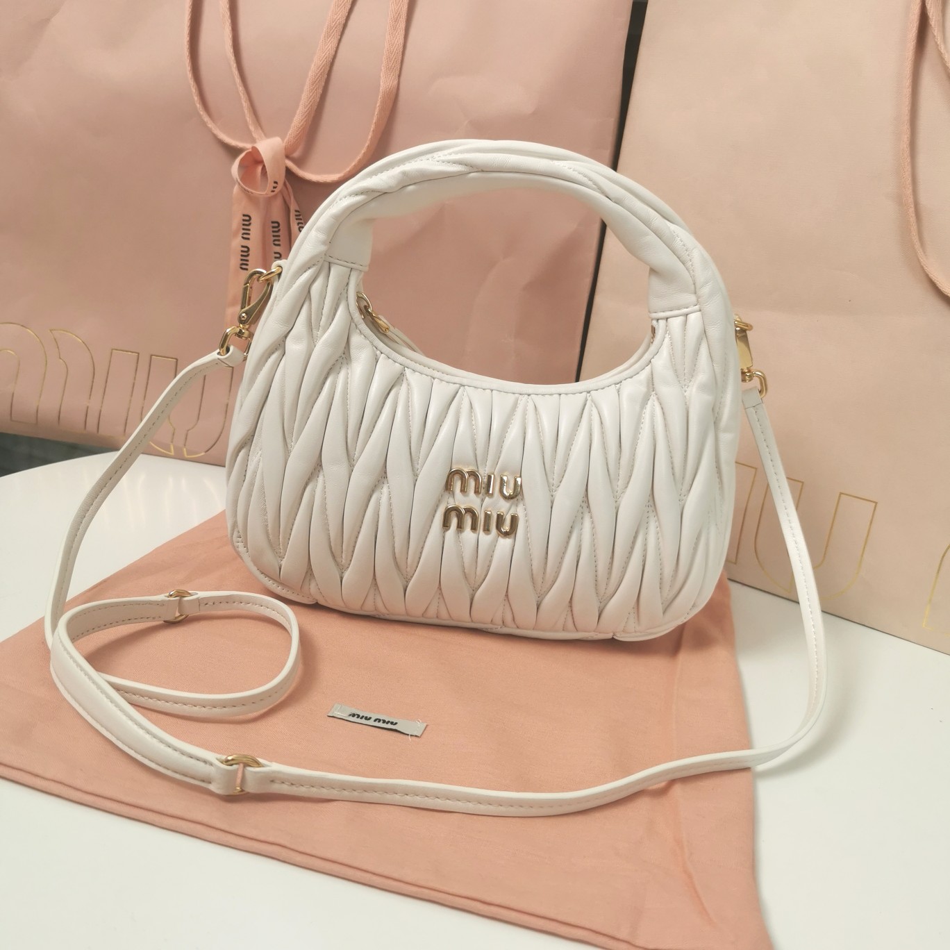 MiuMiu 5BC125 Miu Wander Matelasse Satin Mini Hobo Bag White