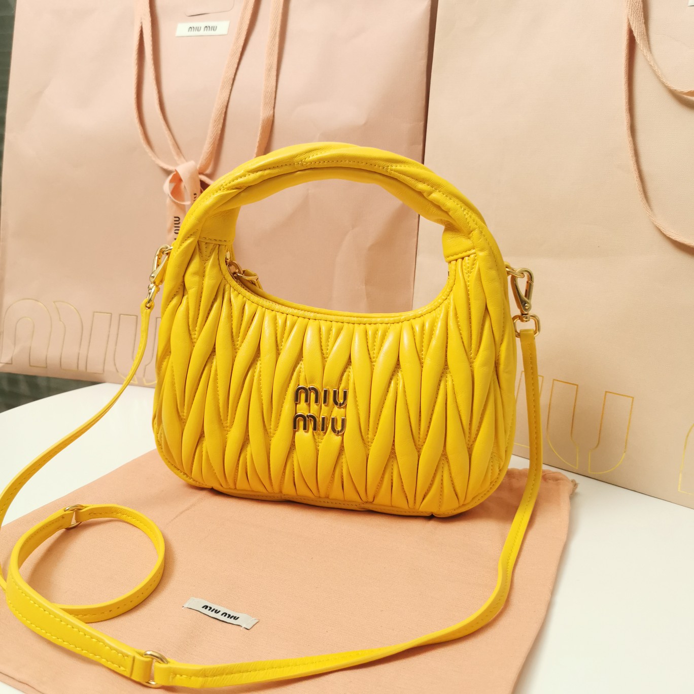 MiuMiu 5BC125 Miu Wander Matelasse Satin Mini Hobo Bag Yellow