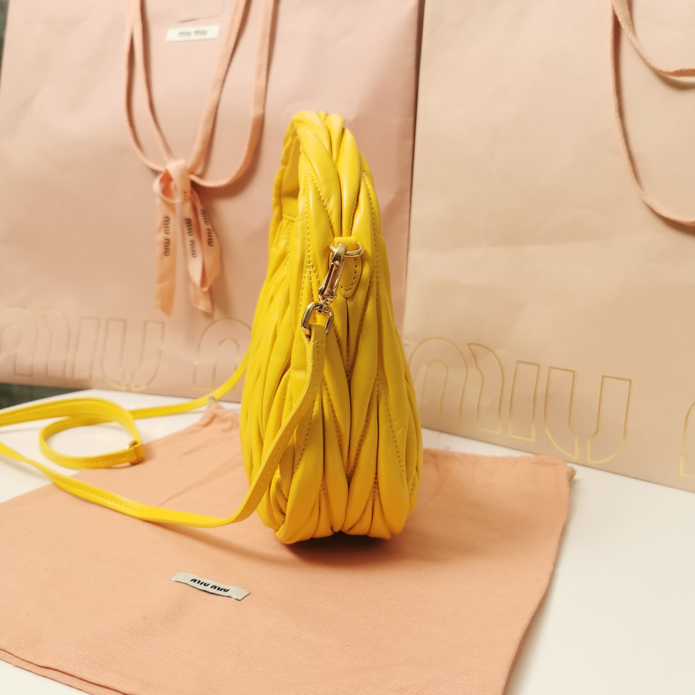 MiuMiu 5BC125 Miu Wander Matelasse Satin Mini Hobo Bag Yellow