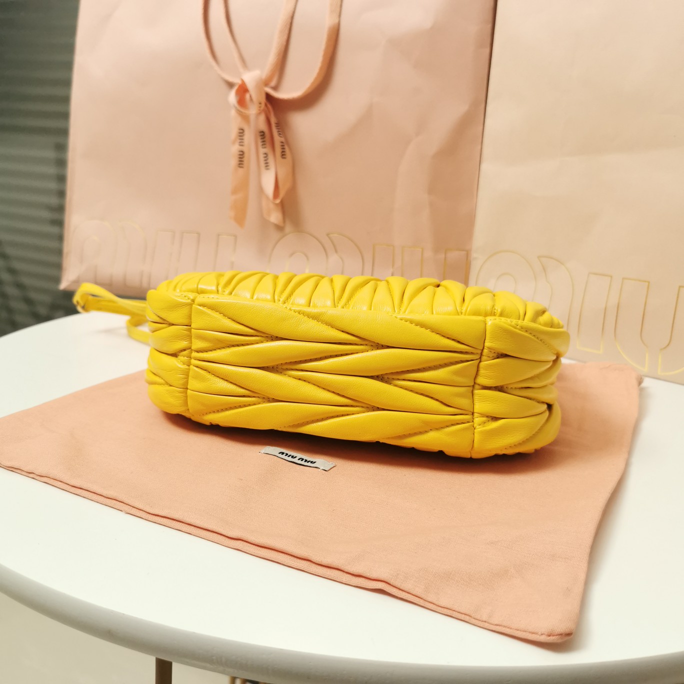 MiuMiu 5BC125 Miu Wander Matelasse Satin Mini Hobo Bag Yellow