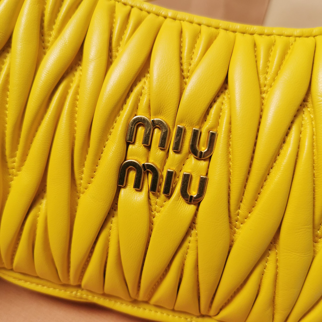 MiuMiu 5BC125 Miu Wander Matelasse Satin Mini Hobo Bag Yellow